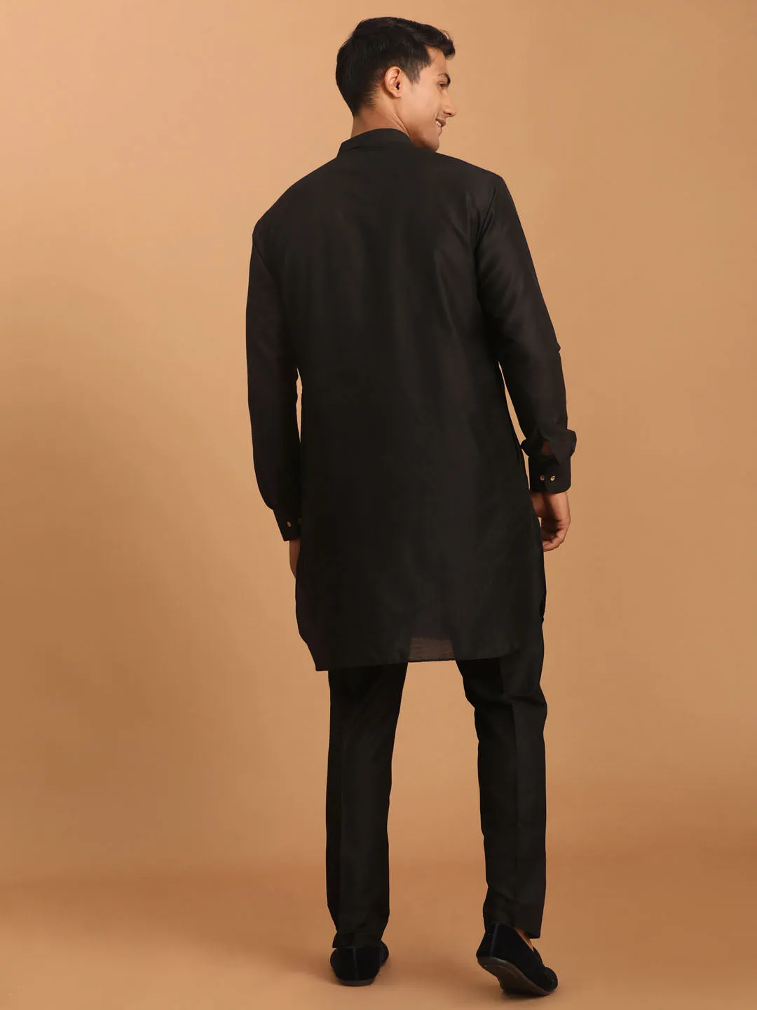 VASTRAMAY Men's Black Silk Kurta Set