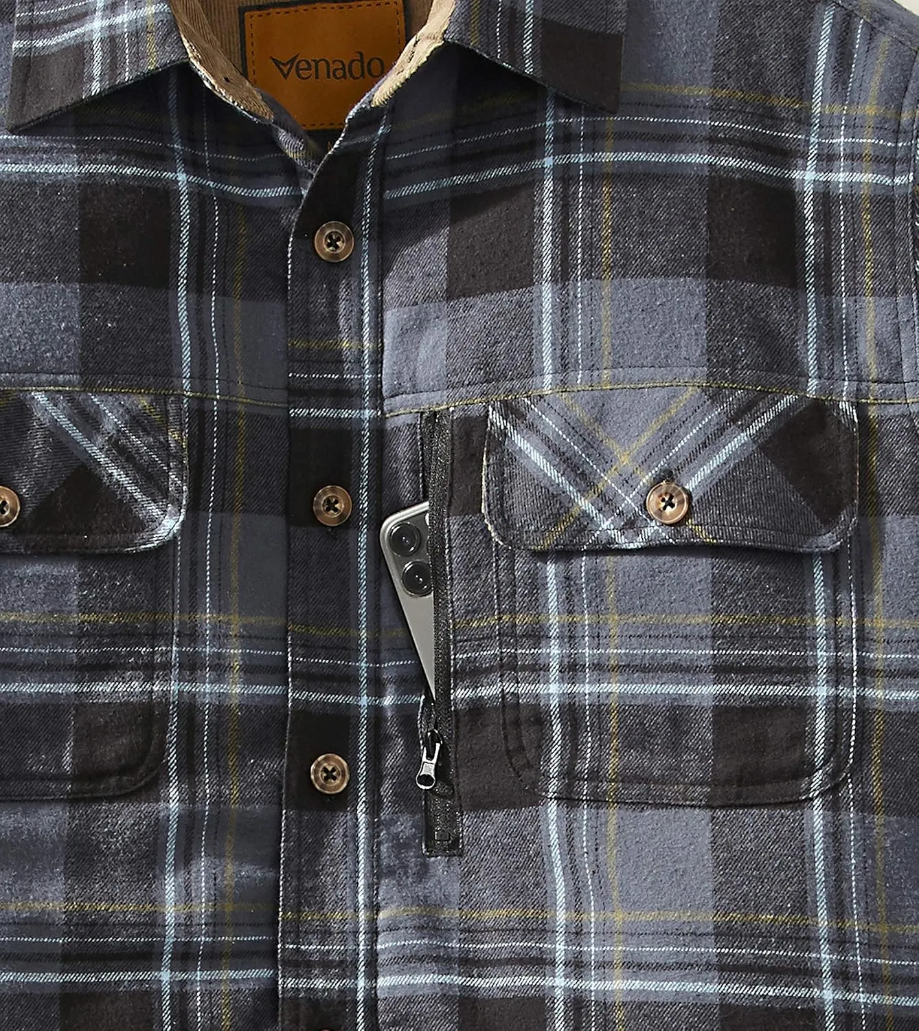 Venado Men's Plaid Shirt Jacket -Long Sleeved Quilt Lined Brushed Flannel Rugged Shirt