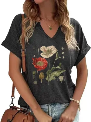 Vintage Flowers V Neck Shirt for Women Boho Floral Wildflowers Graphic Tee Casual Cottagecore Summer T Shirt