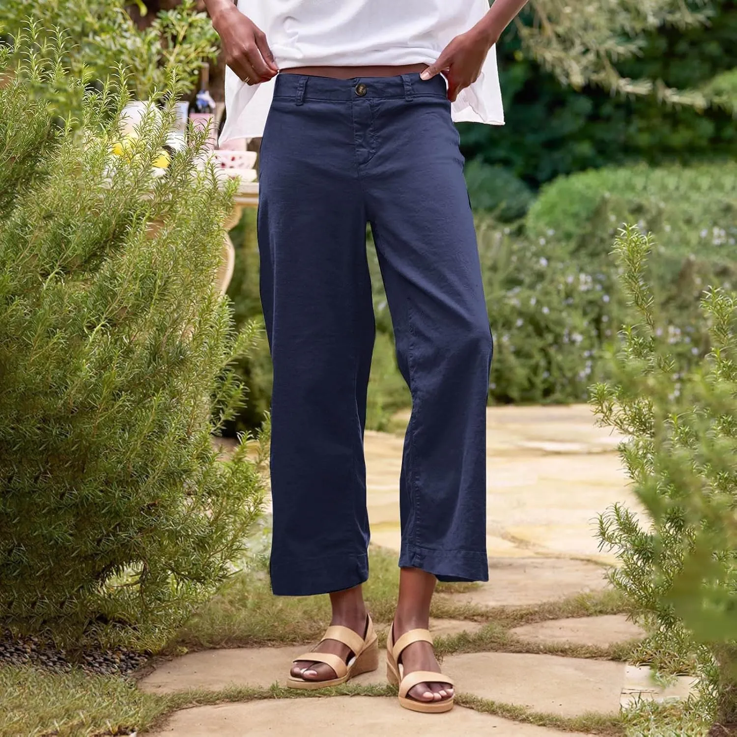 Wide Leg Dress Pants for Women High Waisted Business Work Casual Pants Summer Comfy Cropped Linen Palazzo Trousers
