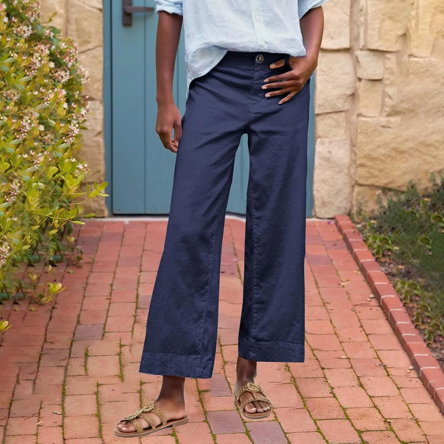 Wide Leg Dress Pants for Women High Waisted Business Work Casual Pants Summer Comfy Cropped Linen Palazzo Trousers