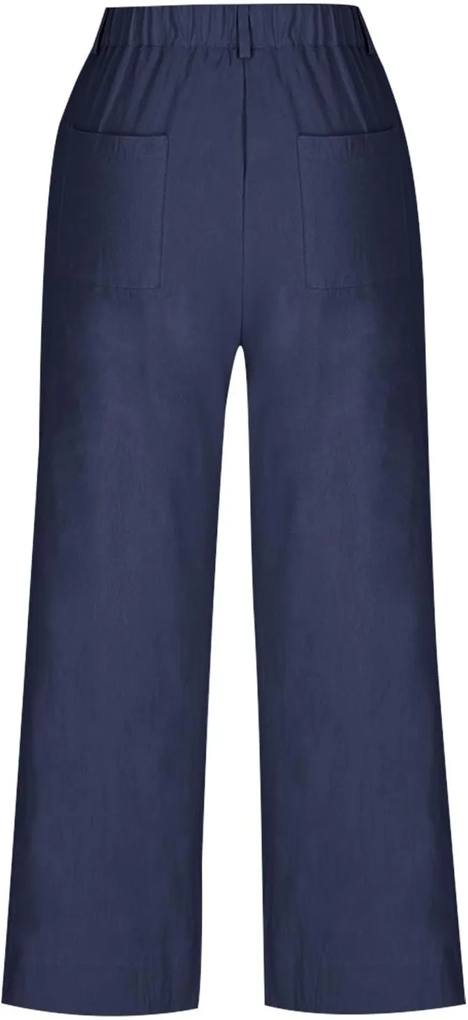 Wide Leg Dress Pants for Women High Waisted Business Work Casual Pants Summer Comfy Cropped Linen Palazzo Trousers
