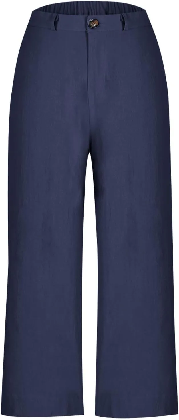 Wide Leg Dress Pants for Women High Waisted Business Work Casual Pants Summer Comfy Cropped Linen Palazzo Trousers