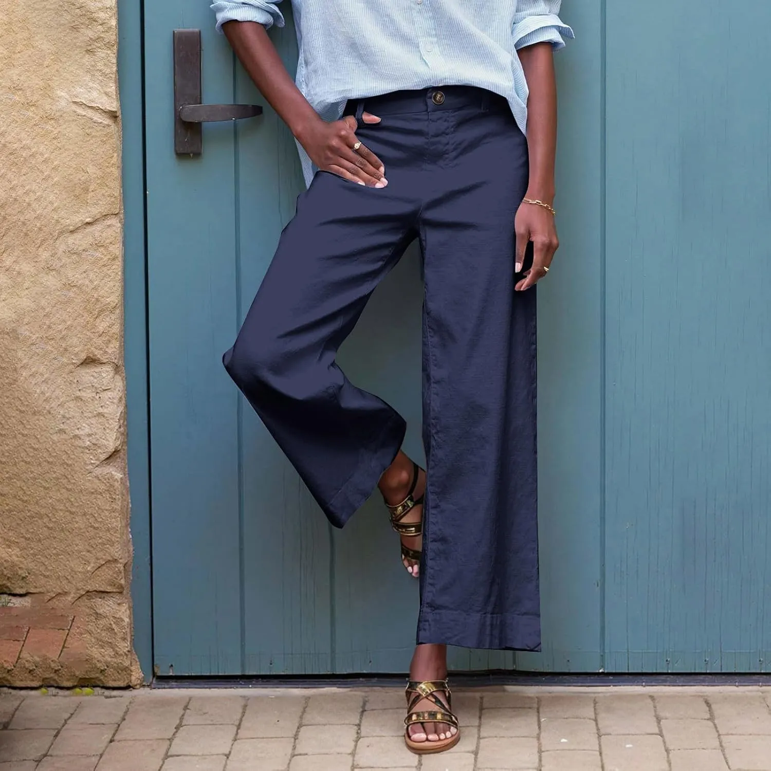Wide Leg Dress Pants for Women High Waisted Business Work Casual Pants Summer Comfy Cropped Linen Palazzo Trousers
