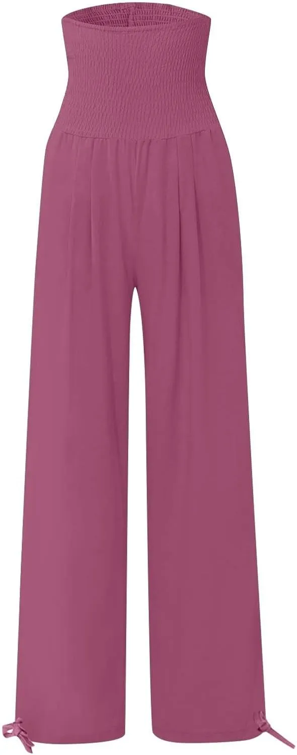 Wide Leg Linen Pants Women Summer High Waisted Boho Beach Flowy Pant Casual Vacation Outfits Elastic Lounge Trousers