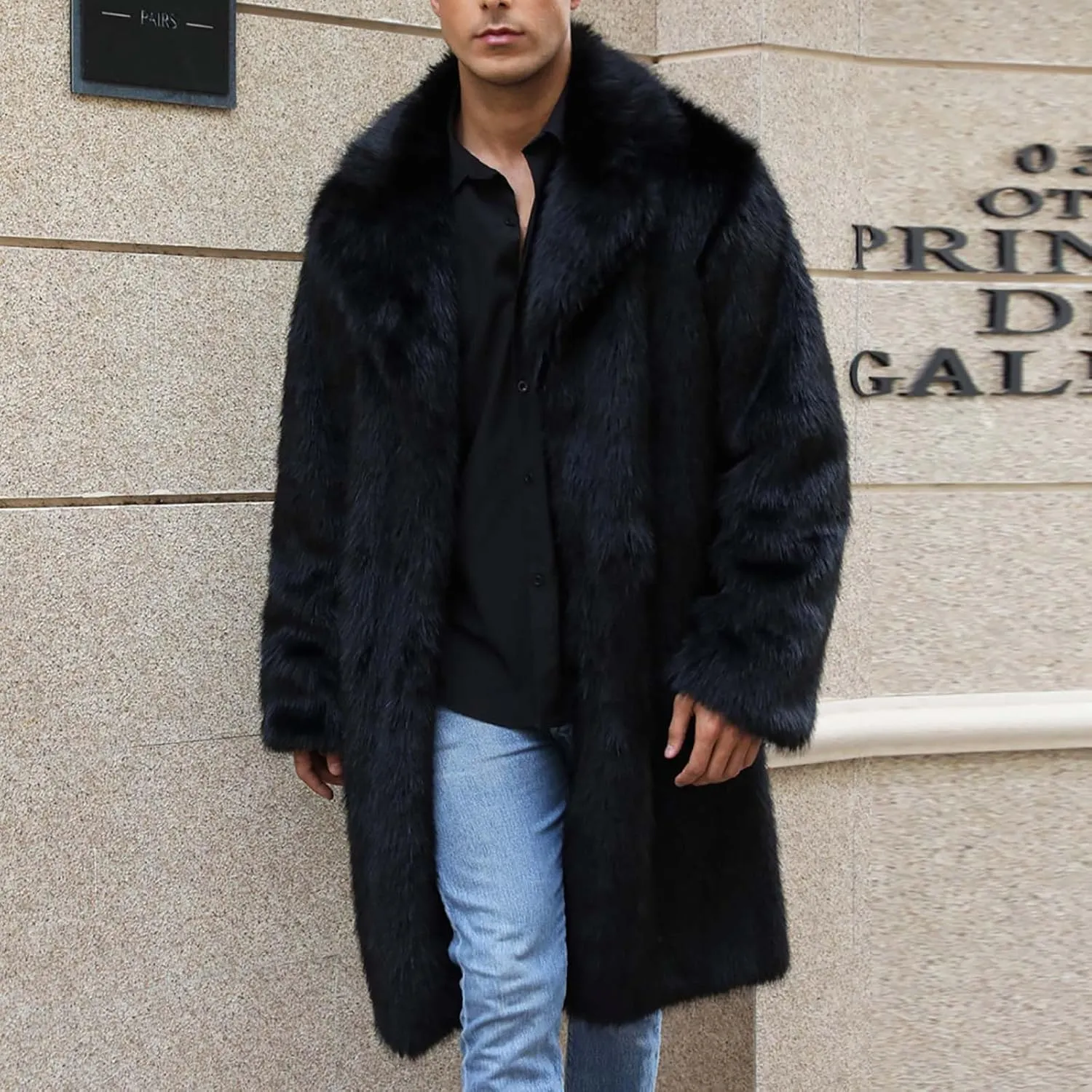 Winter Jackets for Men Long Faux Fur Coat Open Front Cardigan Fuzzy Fleece Jacket Lapel Overcoat Warm Trench Coat