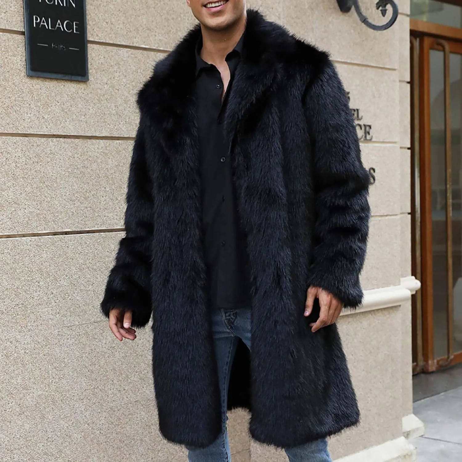 Winter Jackets for Men Long Faux Fur Coat Open Front Cardigan Fuzzy Fleece Jacket Lapel Overcoat Warm Trench Coat