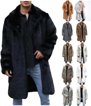 Winter Jackets for Men Long Faux Fur Coat Open Front Cardigan Fuzzy Fleece Jacket Lapel Overcoat Warm Trench Coat