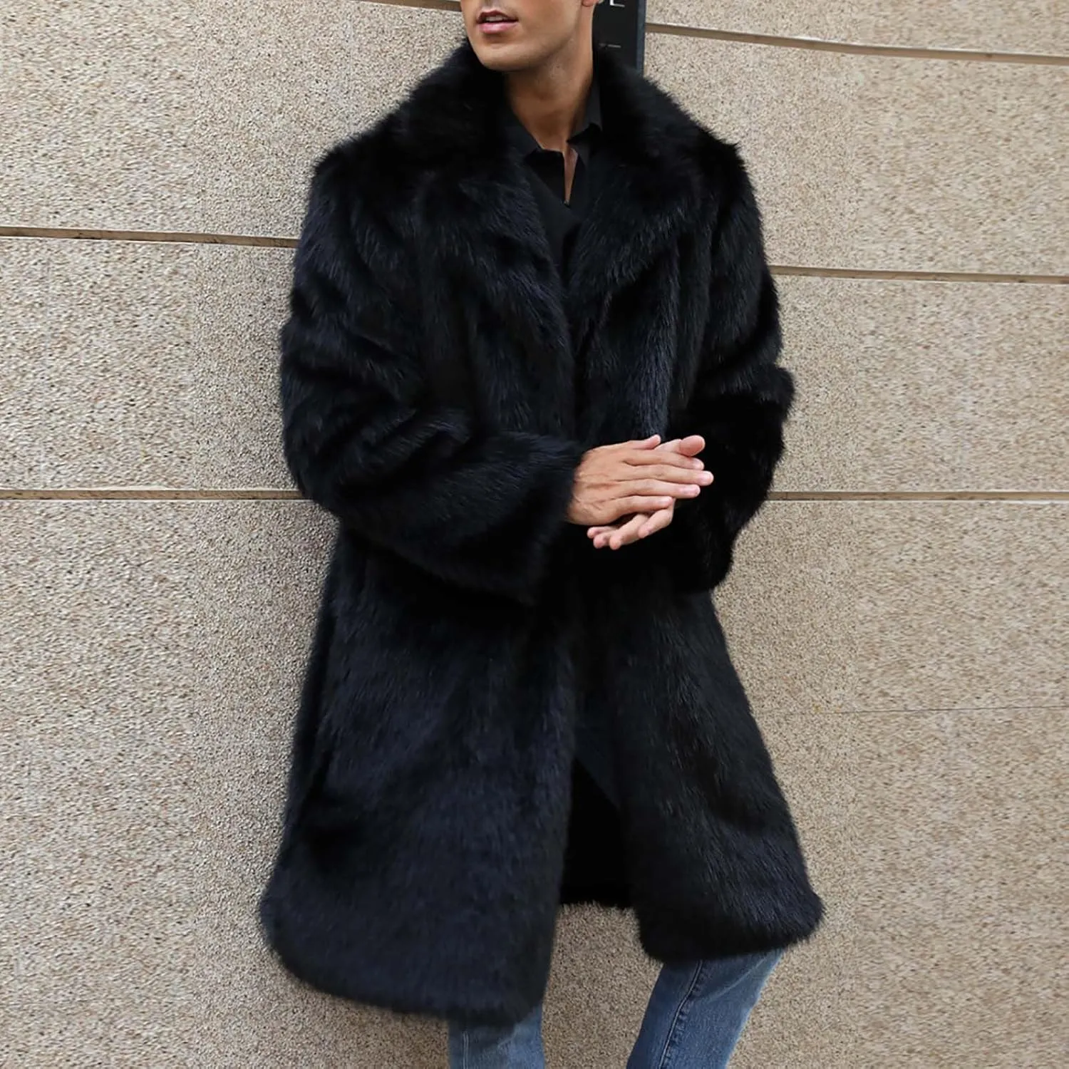 Winter Jackets for Men Long Faux Fur Coat Open Front Cardigan Fuzzy Fleece Jacket Lapel Overcoat Warm Trench Coat