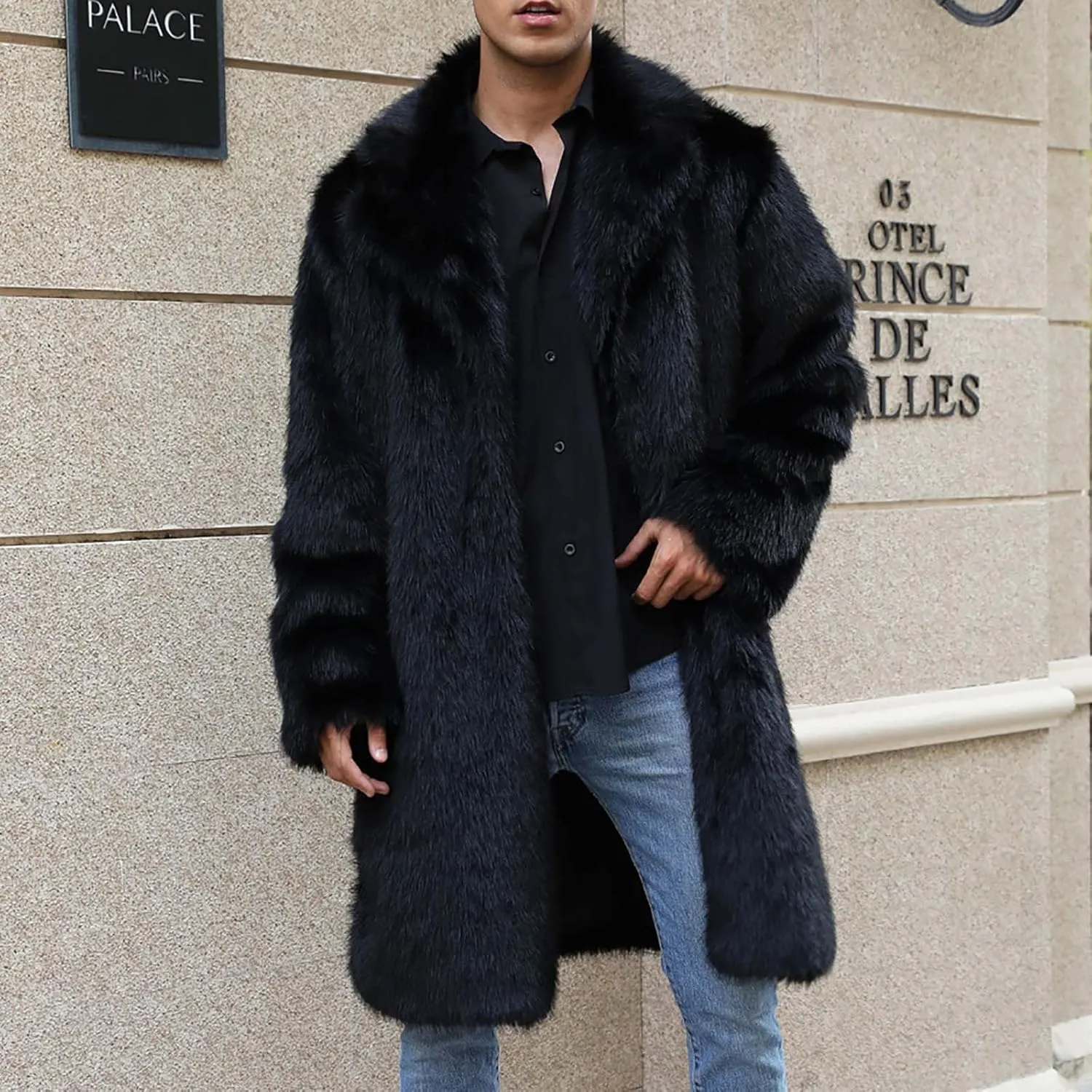 Winter Jackets for Men Long Faux Fur Coat Open Front Cardigan Fuzzy Fleece Jacket Lapel Overcoat Warm Trench Coat