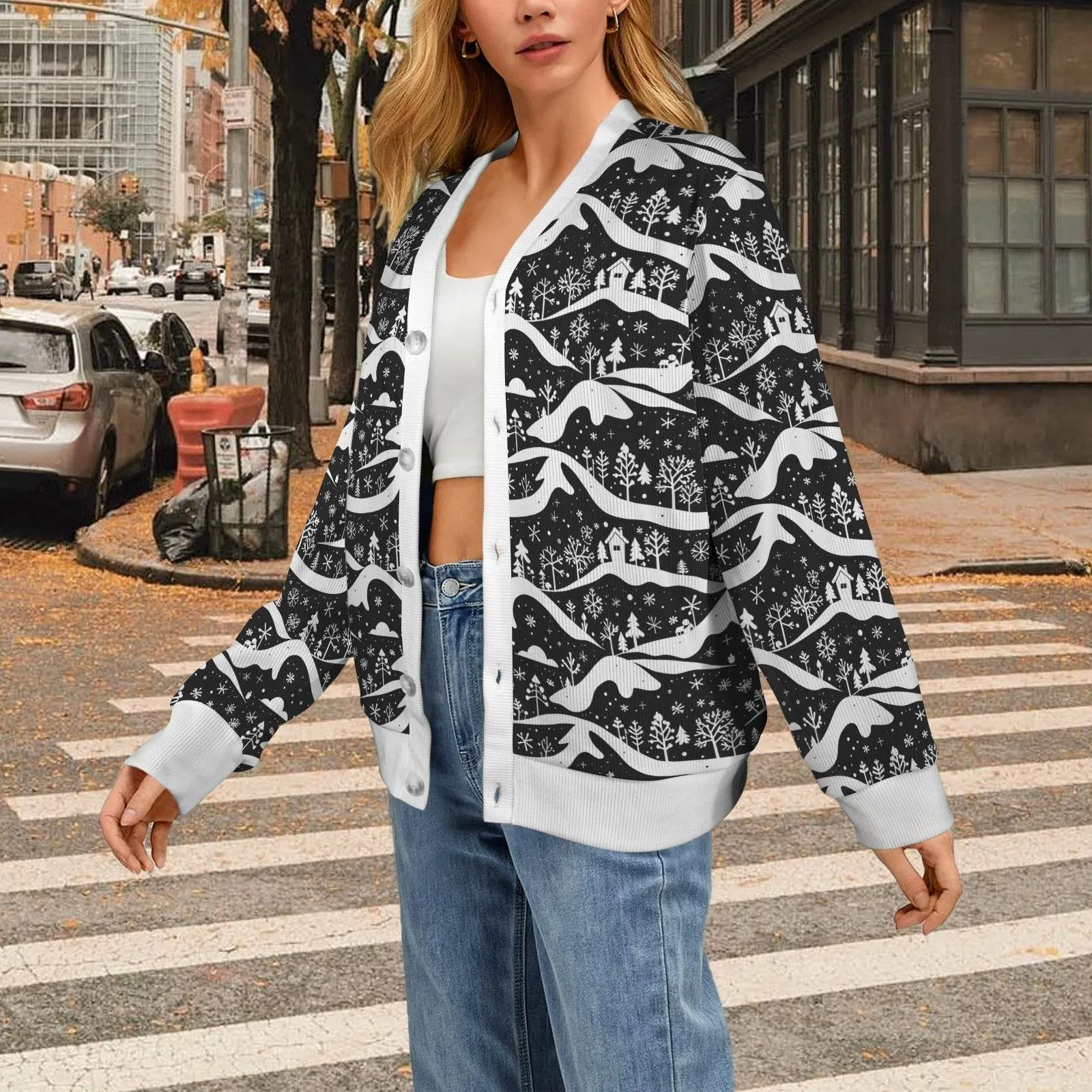 Winter Town Women's Cardigan Button Sweater Custom Women's Cardigan (Model H73)