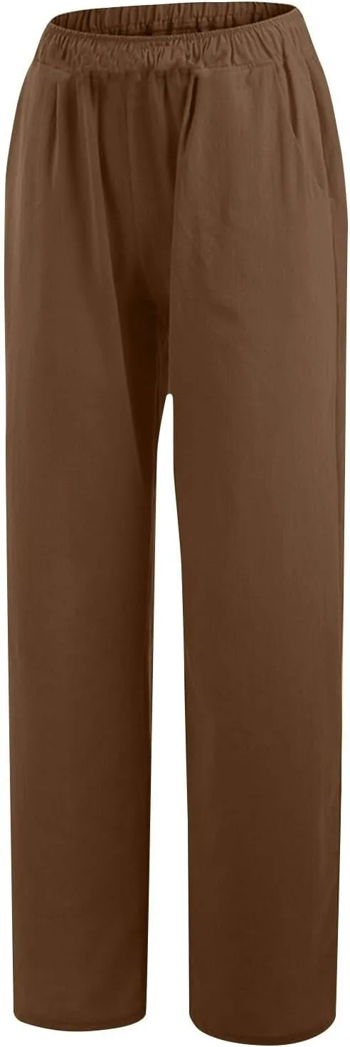 Wkishenl Women's Summer Linen Pants Casual Drawstring Waist Wide Leg Trousers Loose Fitted Solid Lounge Pants with Pockets