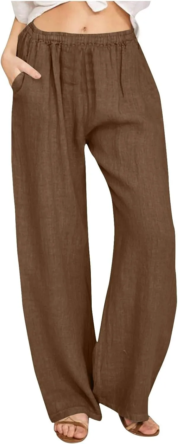 Wkishenl Women's Summer Linen Pants Casual Drawstring Waist Wide Leg Trousers Loose Fitted Solid Lounge Pants with Pockets