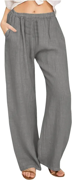 Wkishenl Women's Summer Linen Pants Casual Drawstring Waist Wide Leg Trousers Loose Fitted Solid Lounge Pants with Pockets