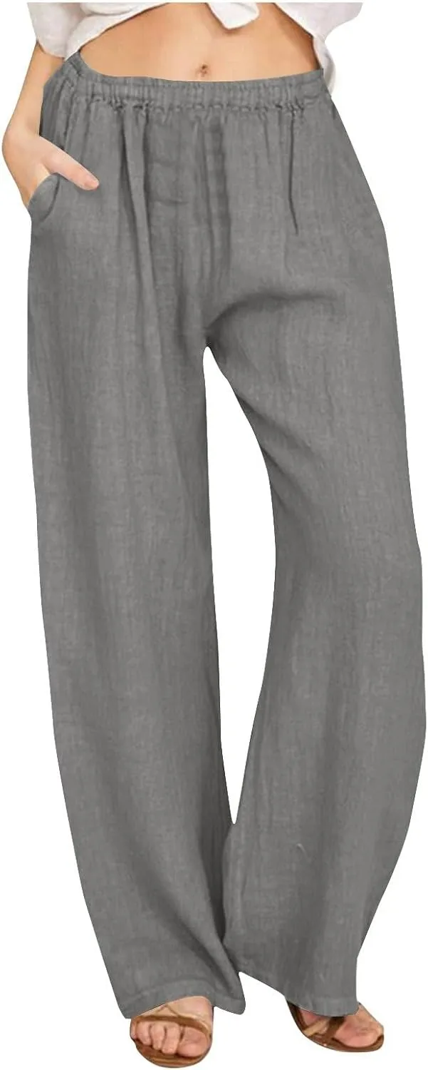 Wkishenl Women's Summer Linen Pants Casual Drawstring Waist Wide Leg Trousers Loose Fitted Solid Lounge Pants with Pockets