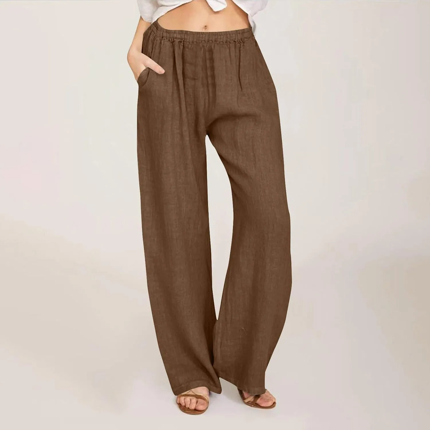 Wkishenl Women's Summer Linen Pants Casual Drawstring Waist Wide Leg Trousers Loose Fitted Solid Lounge Pants with Pockets