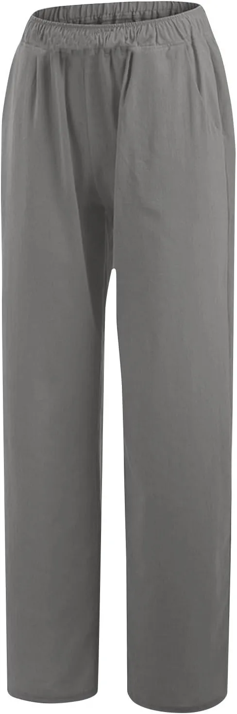 Wkishenl Women's Summer Linen Pants Casual Drawstring Waist Wide Leg Trousers Loose Fitted Solid Lounge Pants with Pockets