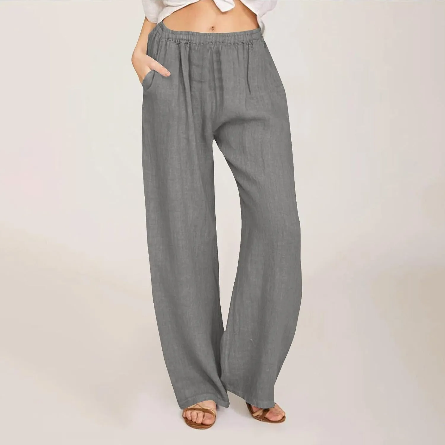 Wkishenl Women's Summer Linen Pants Casual Drawstring Waist Wide Leg Trousers Loose Fitted Solid Lounge Pants with Pockets
