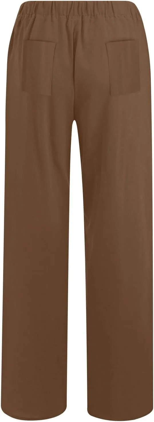 Wkishenl Women's Summer Linen Pants Casual Drawstring Waist Wide Leg Trousers Loose Fitted Solid Lounge Pants with Pockets
