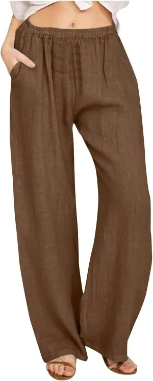 Wkishenl Women's Summer Linen Pants Casual Drawstring Waist Wide Leg Trousers Loose Fitted Solid Lounge Pants with Pockets