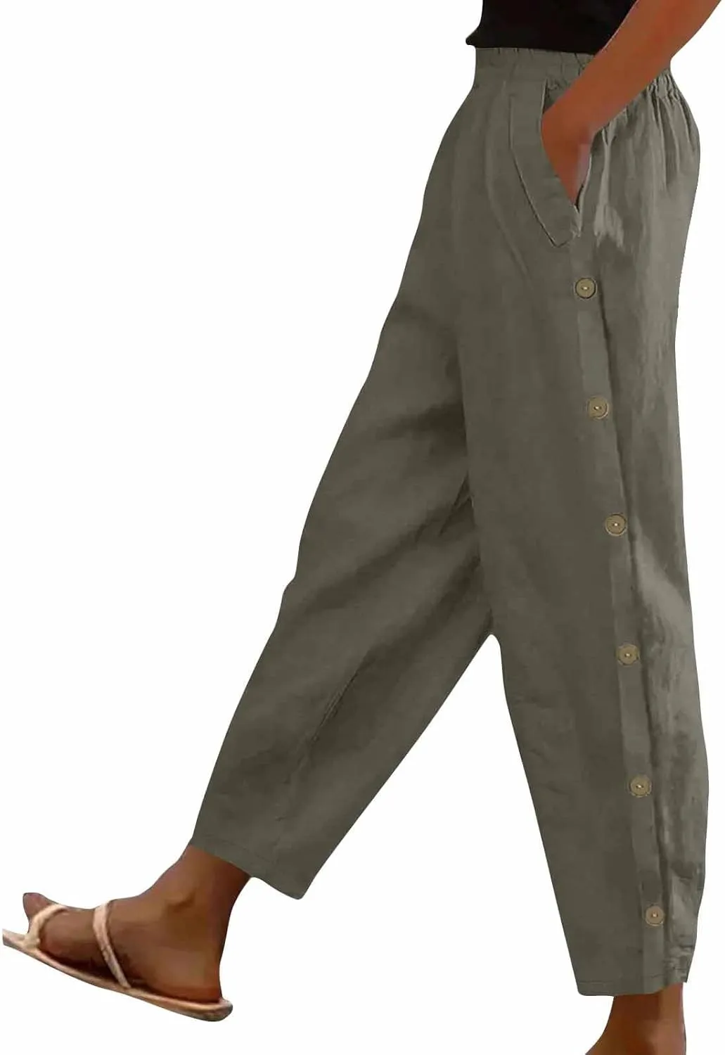 Woman Linen Pants Baggy Casual Elastic Waist Straight Leg Trendy Pants Side Button Solid Color Trousers with Pockets