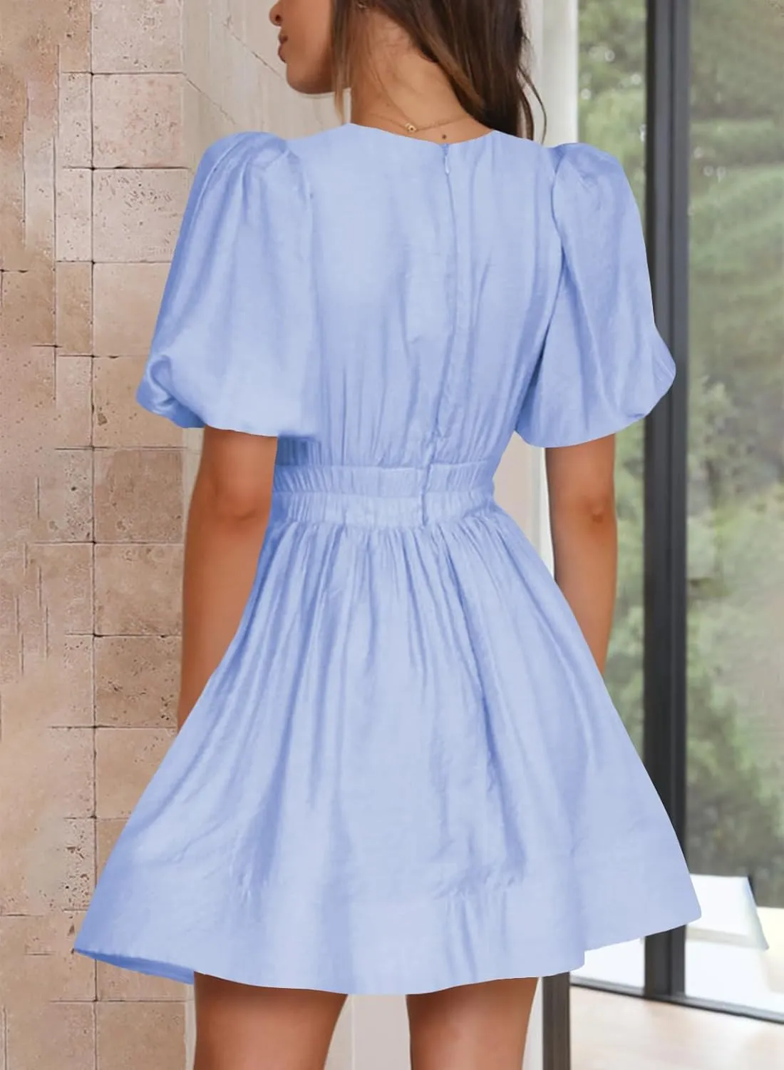 Women 2025 Summer Mini Dress Puff Short Sleeve Sexy V Neck A Line Elastic High Waist Flowy Swing Dresses