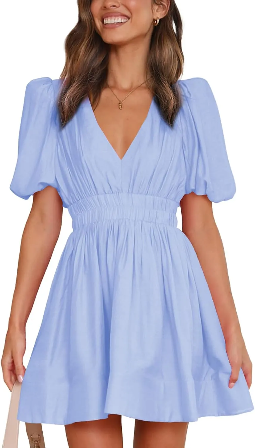 Women 2025 Summer Mini Dress Puff Short Sleeve Sexy V Neck A Line Elastic High Waist Flowy Swing Dresses