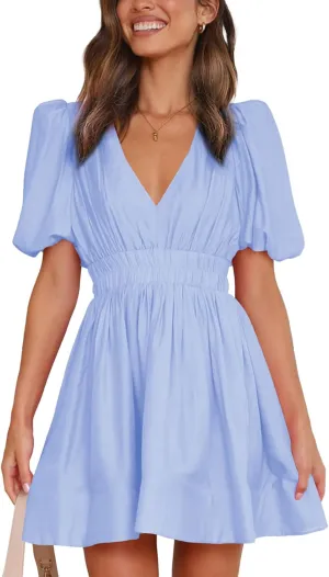 Women 2025 Summer Mini Dress Puff Short Sleeve Sexy V Neck A Line Elastic High Waist Flowy Swing Dresses