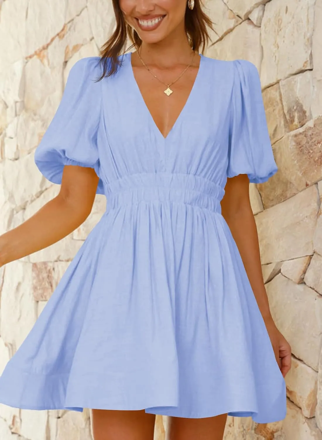 Women 2025 Summer Mini Dress Puff Short Sleeve Sexy V Neck A Line Elastic High Waist Flowy Swing Dresses