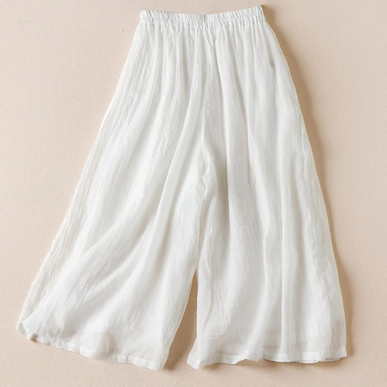 Women Chinese Frog Button Trim Cotton Linen Palazzo Trousers Summer Fashion Casual Elastic High Waist Wide Leg Pants
