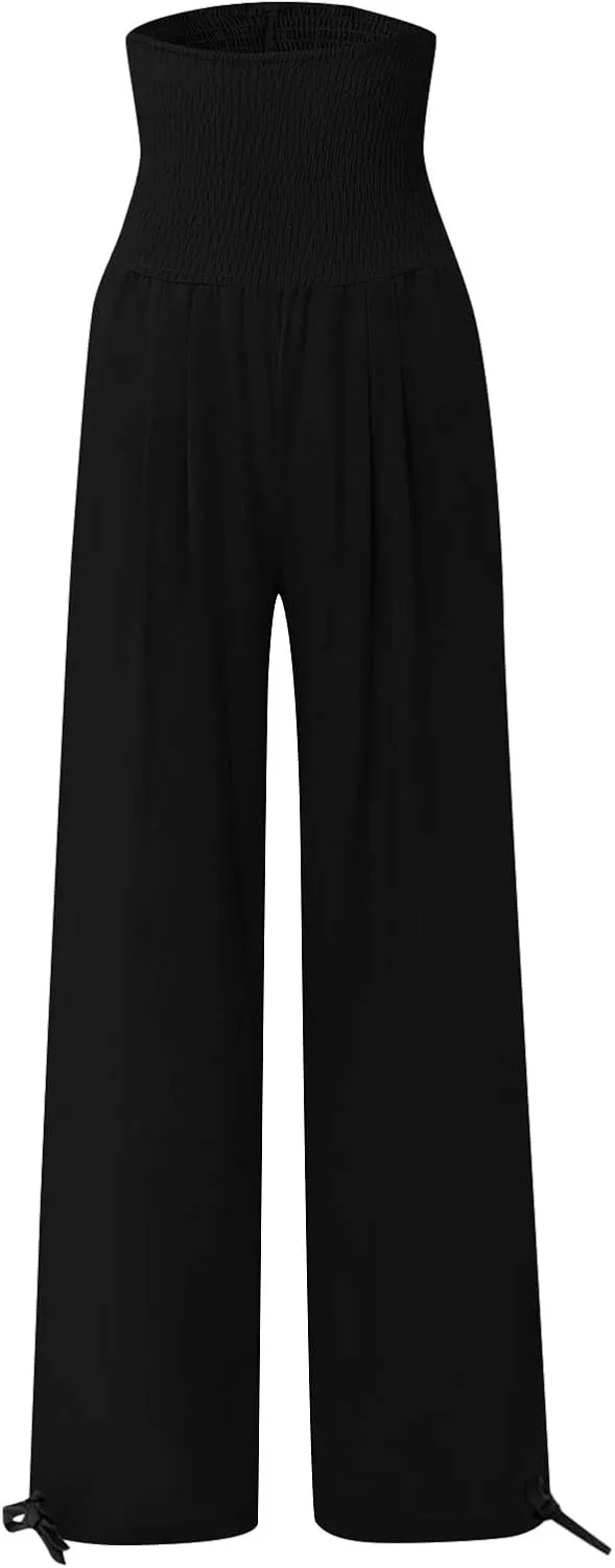 Women Cotton Linen Palazzo Pants Summer Boho Wide Leg High Waist Casual Loose Comfy Pants Trousers with Pocket
