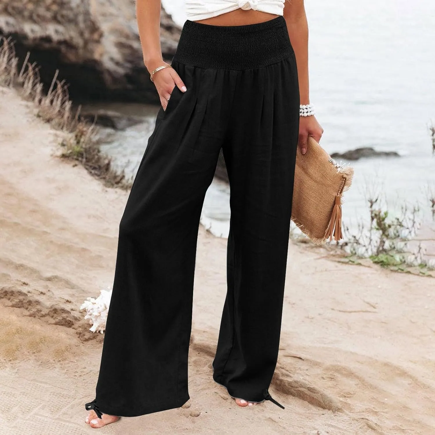 Women Cotton Linen Palazzo Pants Summer Boho Wide Leg High Waist Casual Loose Comfy Pants Trousers with Pocket