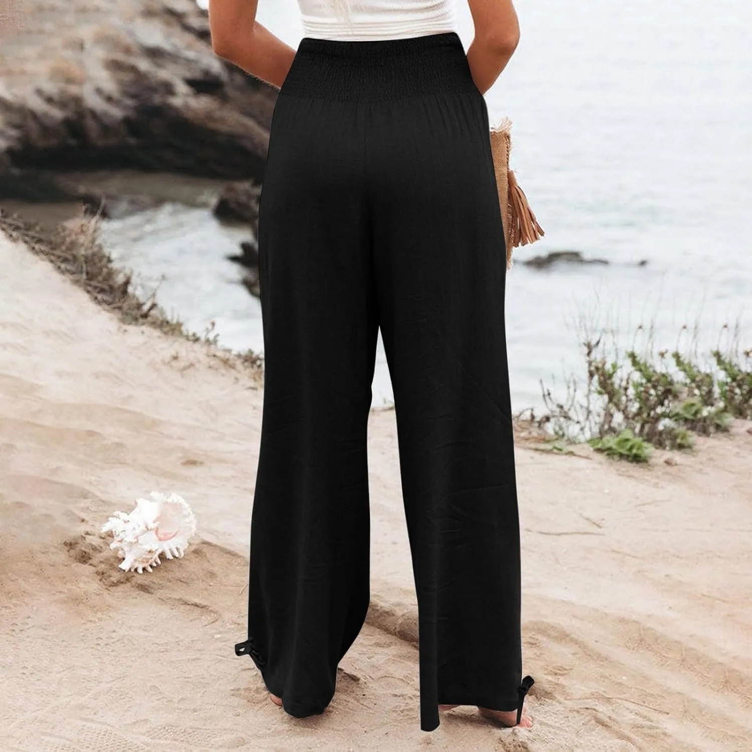 Women Cotton Linen Palazzo Pants Summer Boho Wide Leg High Waist Casual Loose Comfy Pants Trousers with Pocket