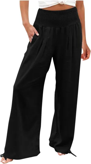Women Cotton Linen Palazzo Pants Summer Boho Wide Leg High Waist Casual Loose Comfy Pants Trousers with Pocket