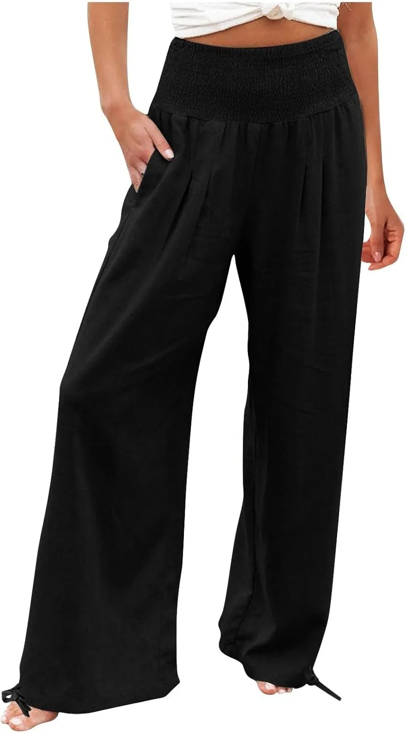 Women Cotton Linen Palazzo Pants Summer Boho Wide Leg High Waist Casual Loose Comfy Pants Trousers with Pocket