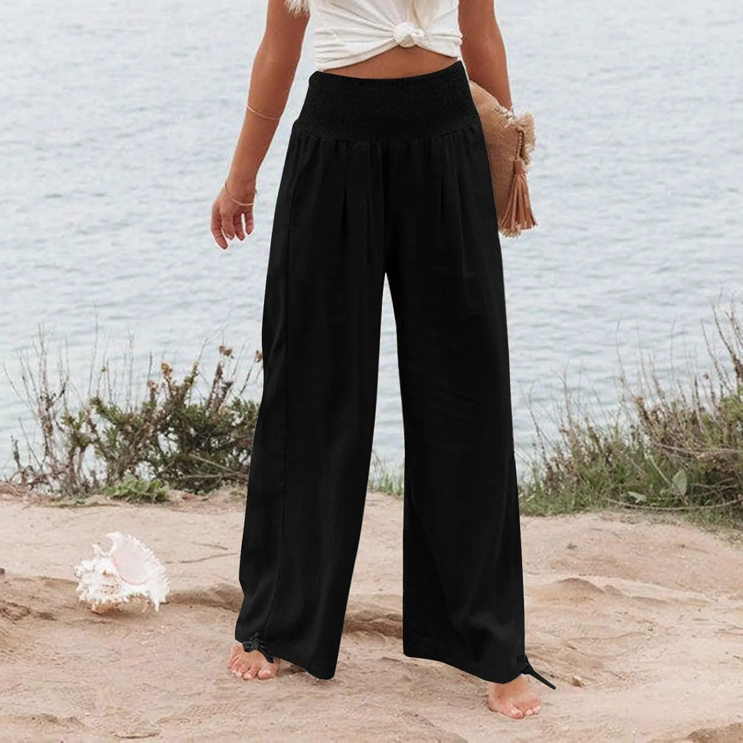 Women Cotton Linen Palazzo Pants Summer Boho Wide Leg High Waist Casual Loose Comfy Pants Trousers with Pocket