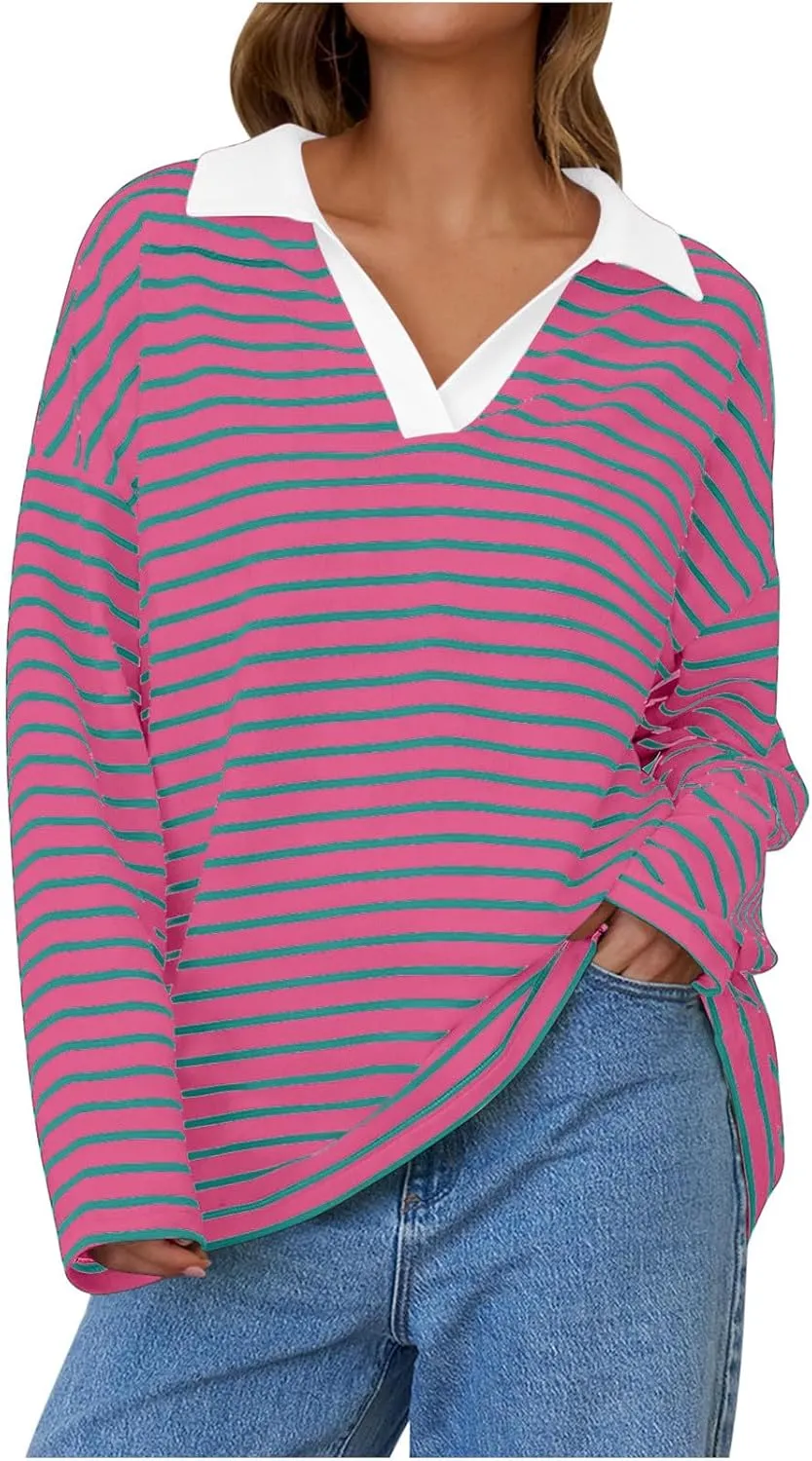 Women Fall Fashion Sweatshirts Long Sleeve V-Neck Stripe Pullover Tops Casual Oversized Fall Clothes