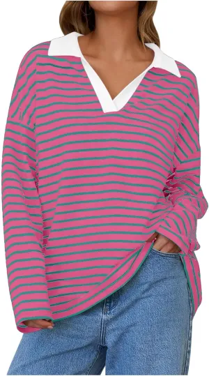 Women Fall Fashion Sweatshirts Long Sleeve V-Neck Stripe Pullover Tops Casual Oversized Fall Clothes