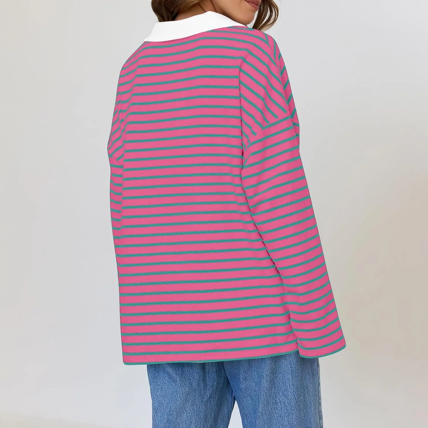Women Fall Fashion Sweatshirts Long Sleeve V-Neck Stripe Pullover Tops Casual Oversized Fall Clothes