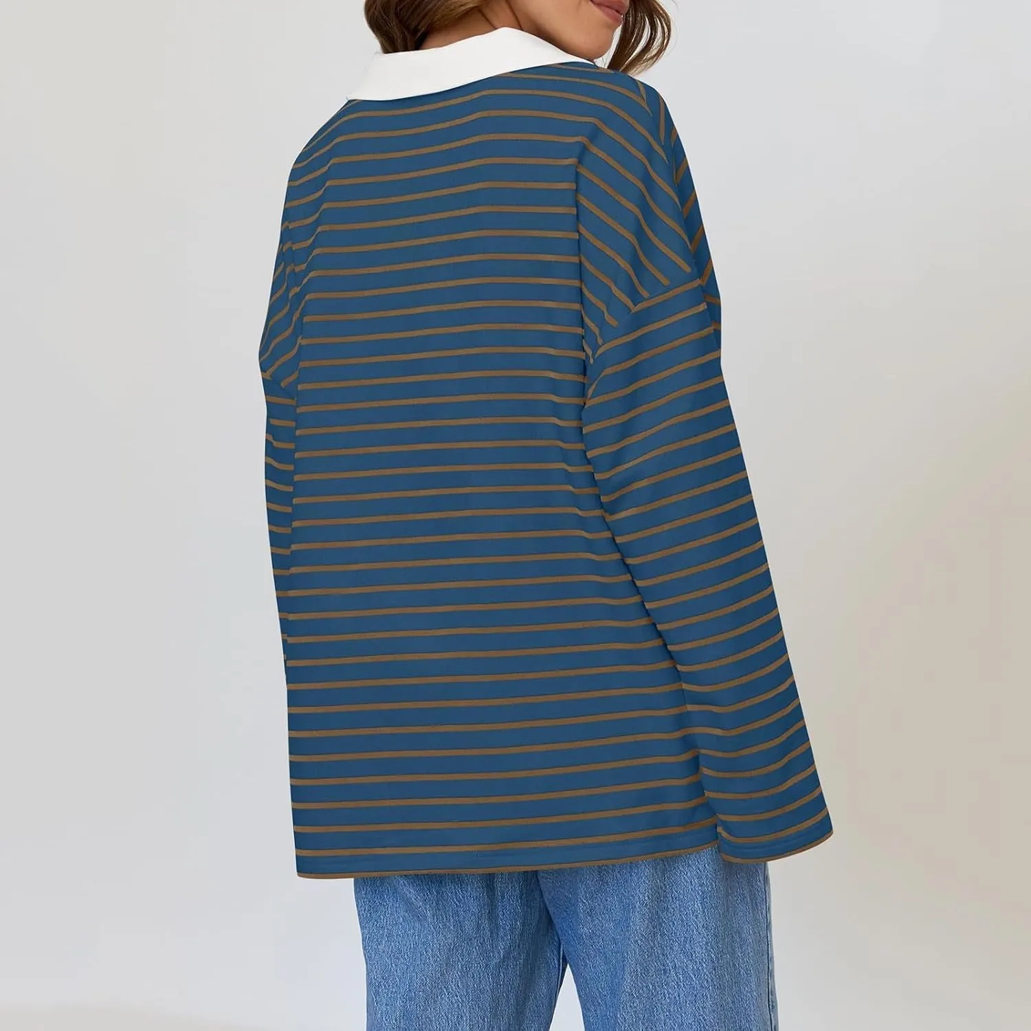 Women Fall Fashion Sweatshirts Long Sleeve V-Neck Stripe Pullover Tops Casual Oversized Fall Clothes