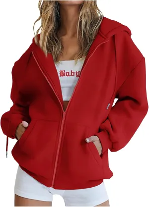 Women Full Zip Sweatshirt Solid Hooded Sweatshirts Y2K Hoodies Long Sleeve Fall Teen Girl Jacket Preppy Overcoat Fleece