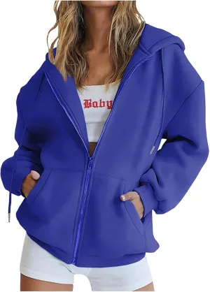 Women Full Zip Sweatshirt Solid Hooded Sweatshirts Y2K Hoodies Long Sleeve Fall Teen Girl Jacket Preppy Overcoat Fleece