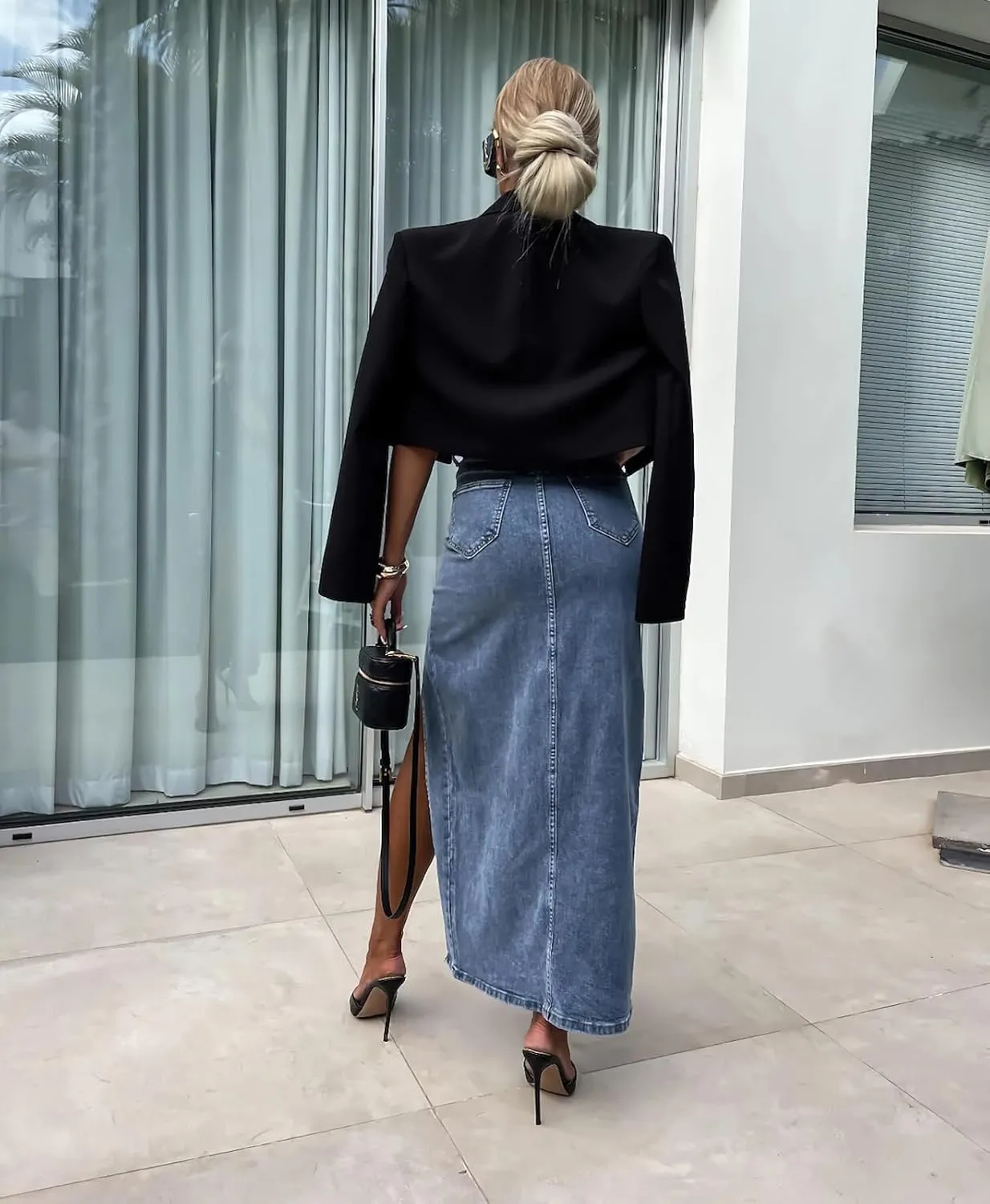 Women High Split Denim Maxi Skirt High Waisted Sexy Long Jean Skirt with Pockets