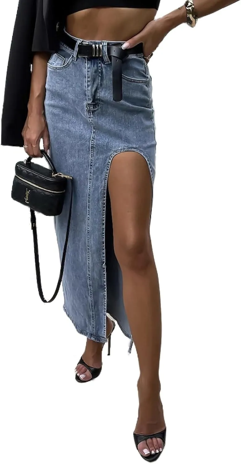 Women High Split Denim Maxi Skirt High Waisted Sexy Long Jean Skirt with Pockets
