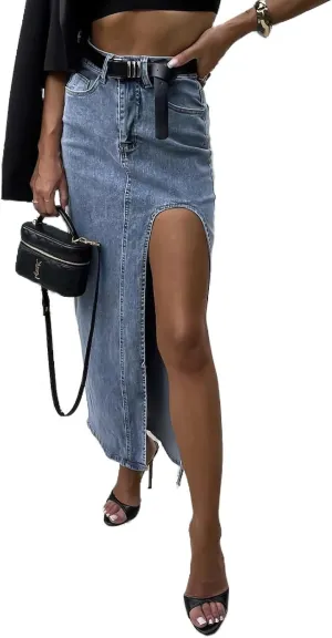 Women High Split Denim Maxi Skirt High Waisted Sexy Long Jean Skirt with Pockets