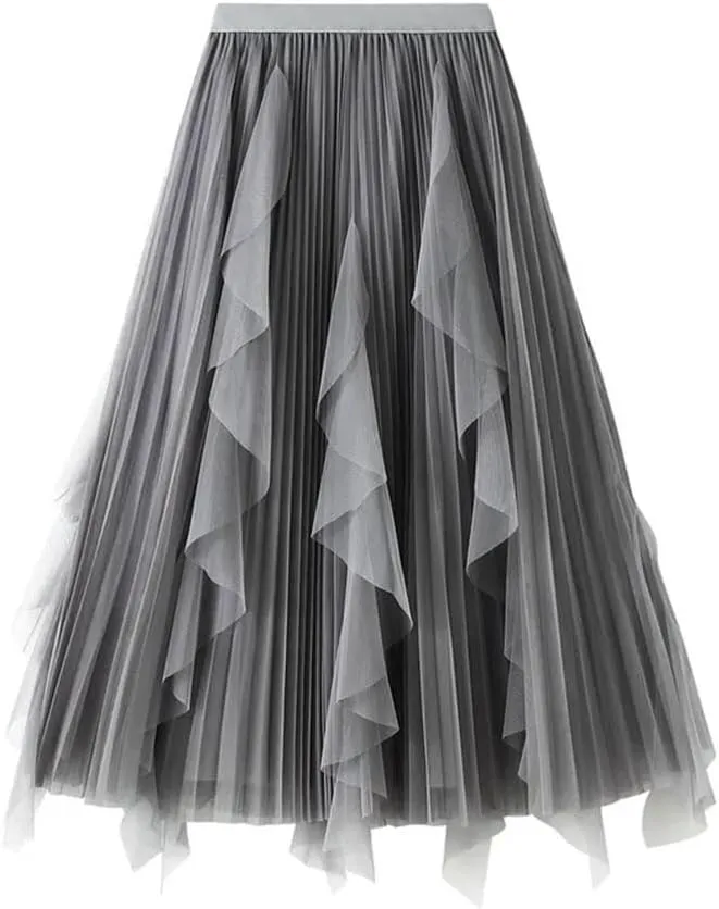 Women High Waist Ruffles Spliced Mesh Pleated Midi Long Skirt Loose Tulle MeshSkirts