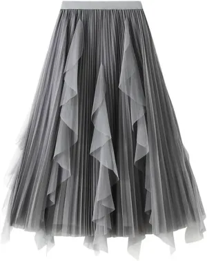 Women High Waist Ruffles Spliced Mesh Pleated Midi Long Skirt Loose Tulle MeshSkirts