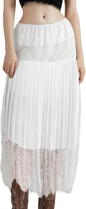 Women Lace Long Half Slip Skirt Y2k Ruffle Midi Rise Underskirt Layered Pleated Flowy Midi Skirt for Dress