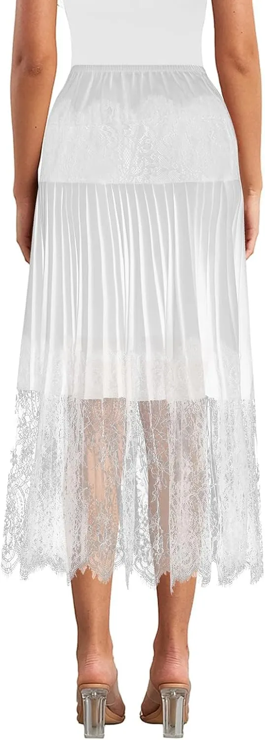 Women Lace Long Half Slip Skirt Y2k Ruffle Midi Rise Underskirt Layered Pleated Flowy Midi Skirt for Dress