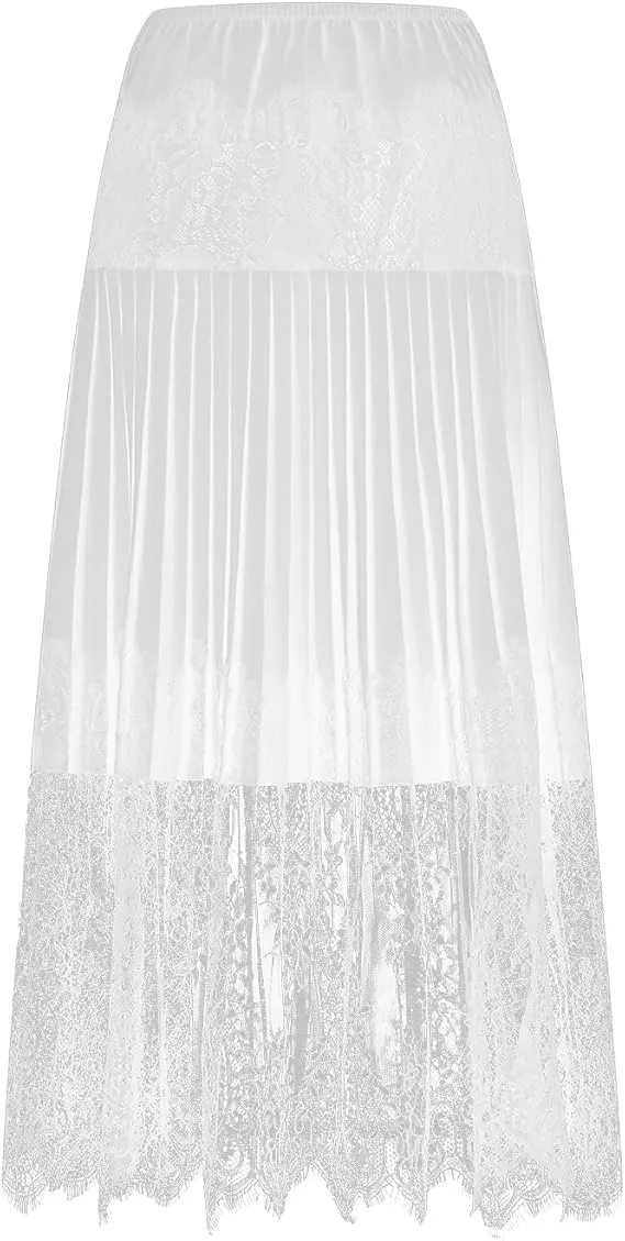 Women Lace Long Half Slip Skirt Y2k Ruffle Midi Rise Underskirt Layered Pleated Flowy Midi Skirt for Dress